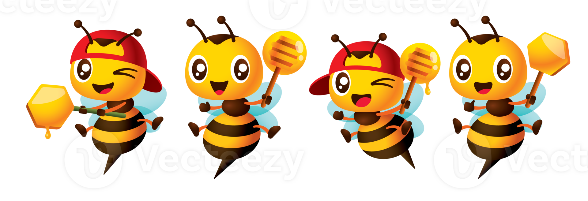 Cartoon cute bee mascot set with different poses holding honey dipper and honeycomb illustration png