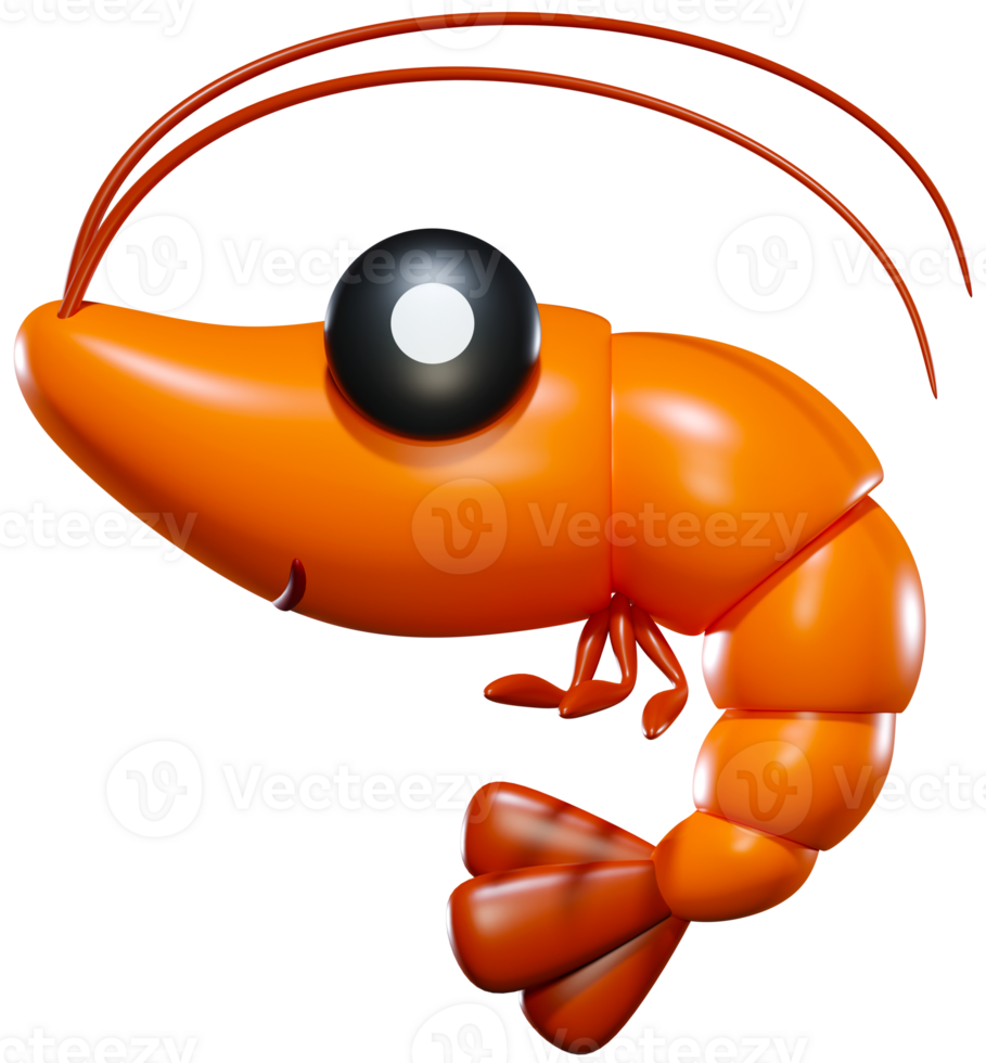 3D render cartoon cute shrimp seafood character illustration png