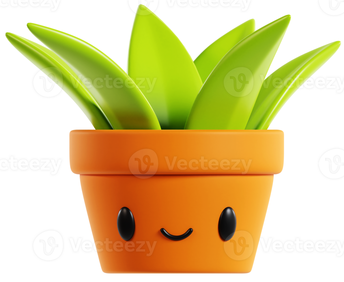 3D rendering cartoon cute plant pot with leaves character illustration. 3D sign icon png