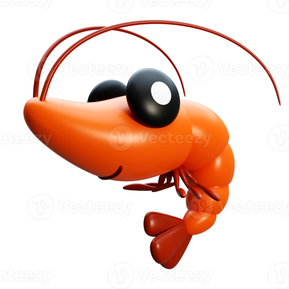 3d rendre dessin animé Fruit de mer crevette personnage avec gros yeux illustration png