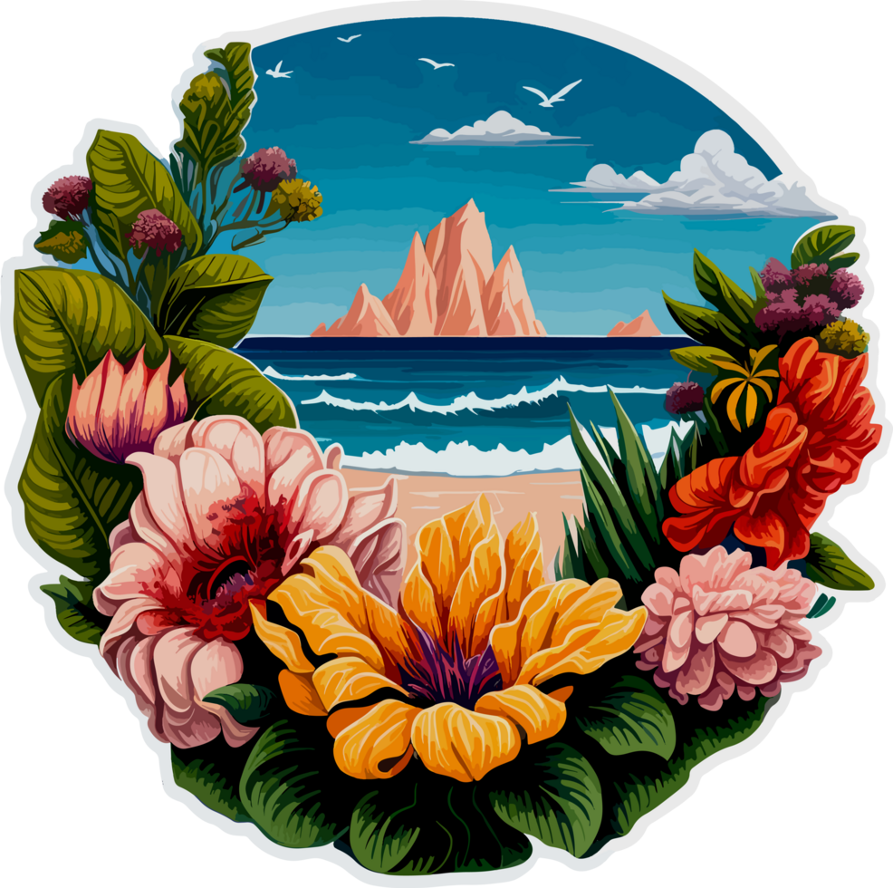 Beach View with Spreading Flower Sticker png