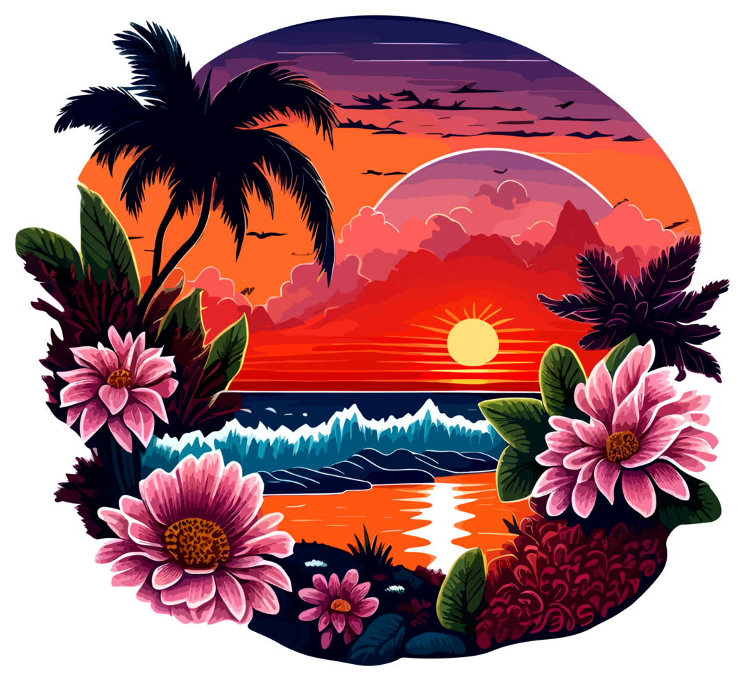 Beach Sunset Sticker in Painting Style with png