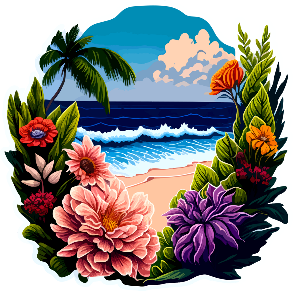 mooi strand met fantasie bloem sticker ai generatief png