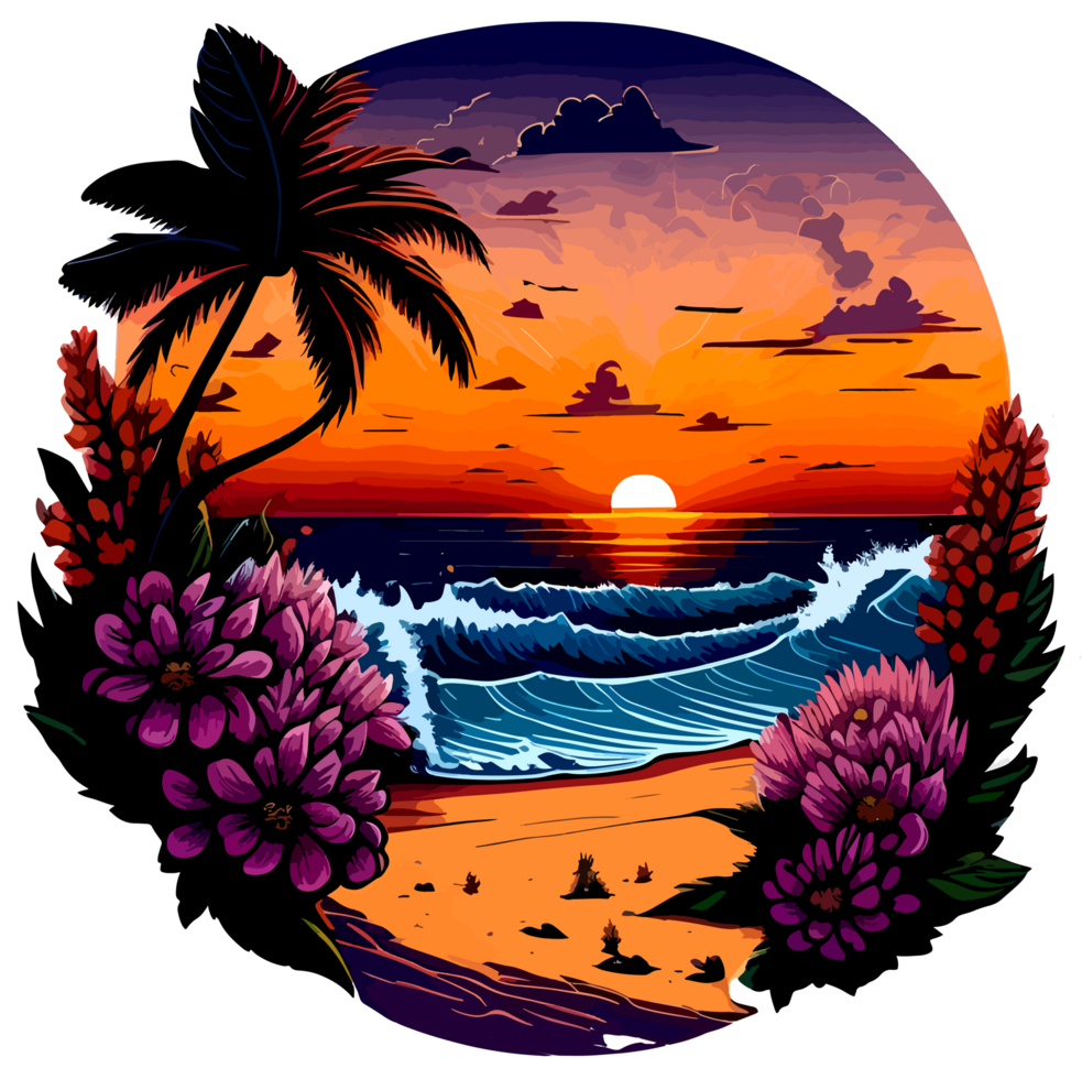 schilderij kunst van zonsondergang strand sticker met ai generatief png