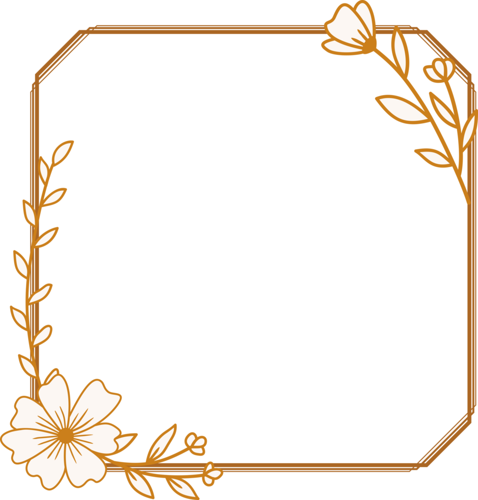 Elegant gold square flowers and leaves frame for wedding invitations, engagement invitations, logos, greeting card png