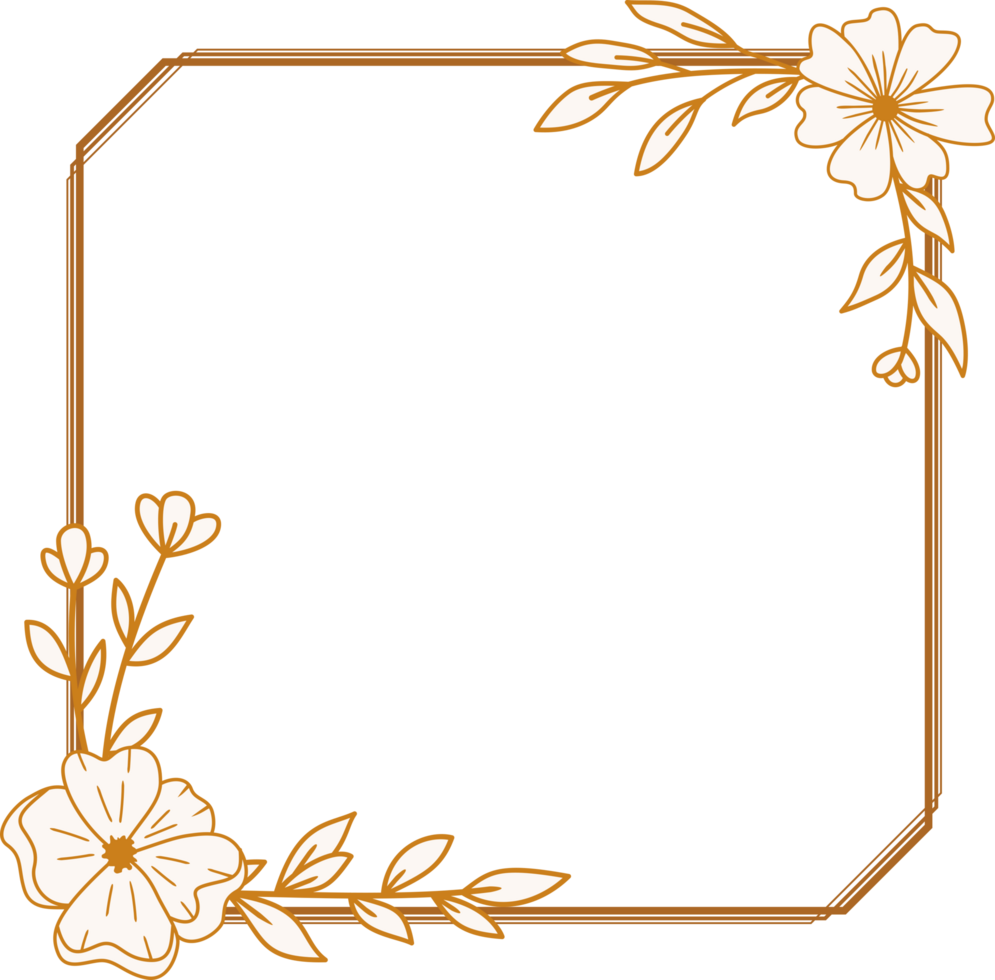 Elegant gold square flowers and leaves frame for wedding invitations, engagement invitations, logos, greeting card png
