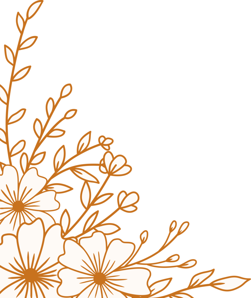 Elegant Gold floral corner border with hand drawn leaves and flowers for wedding or engagement png