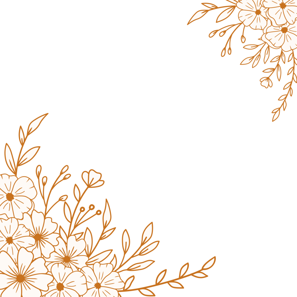 Elegant Gold floral corner border with hand drawn leaves and flowers for wedding or engagement png