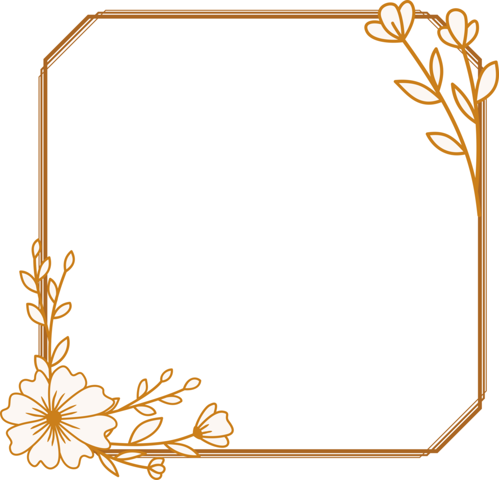 Elegant gold square flowers and leaves frame for wedding invitations, engagement invitations, logos, greeting card png