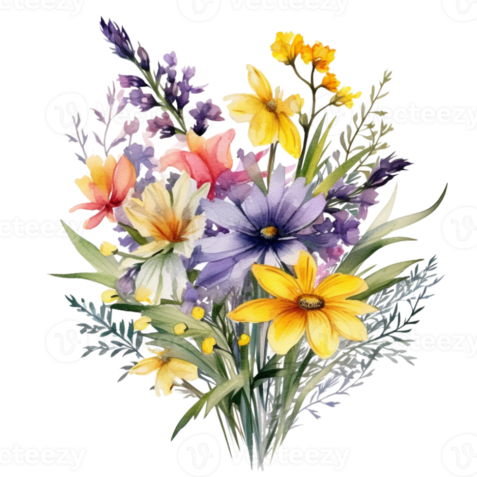 sweet watercolor wild flower bouquet, transparent background, isolated, no background, png