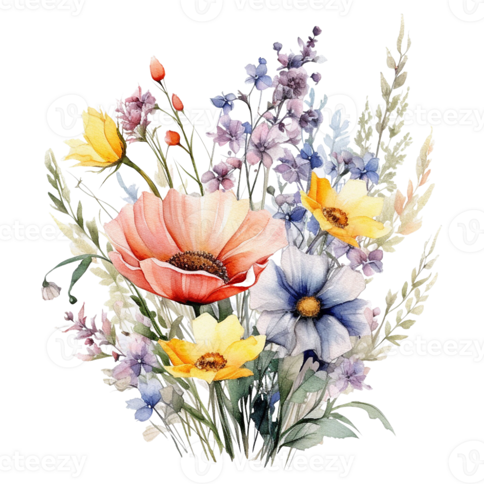 sweet watercolor wild flower bouquet, transparent background, isolated, no background, png