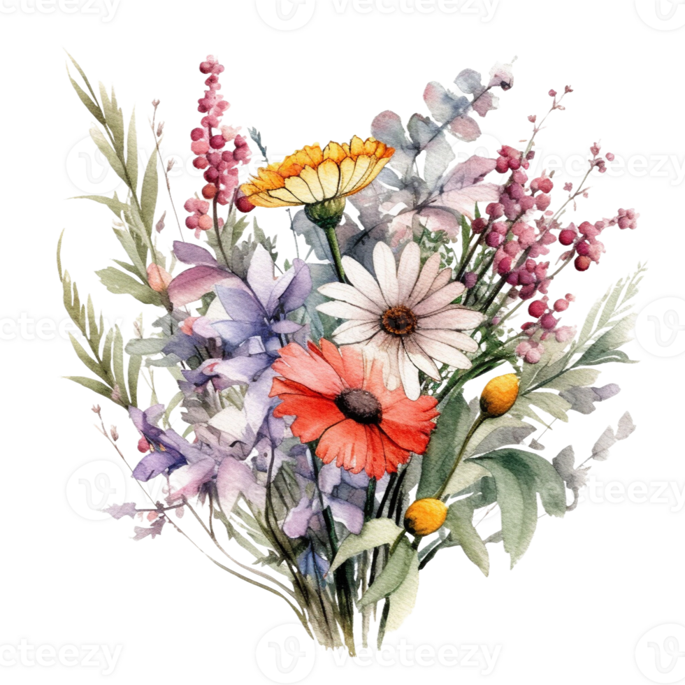 sweet watercolor wild flower bouquet, transparent background, isolated, no background, png