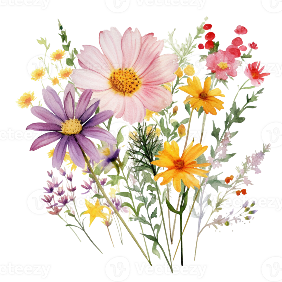 sweet watercolor wild flower bouquet, transparent background, isolated, no background, png