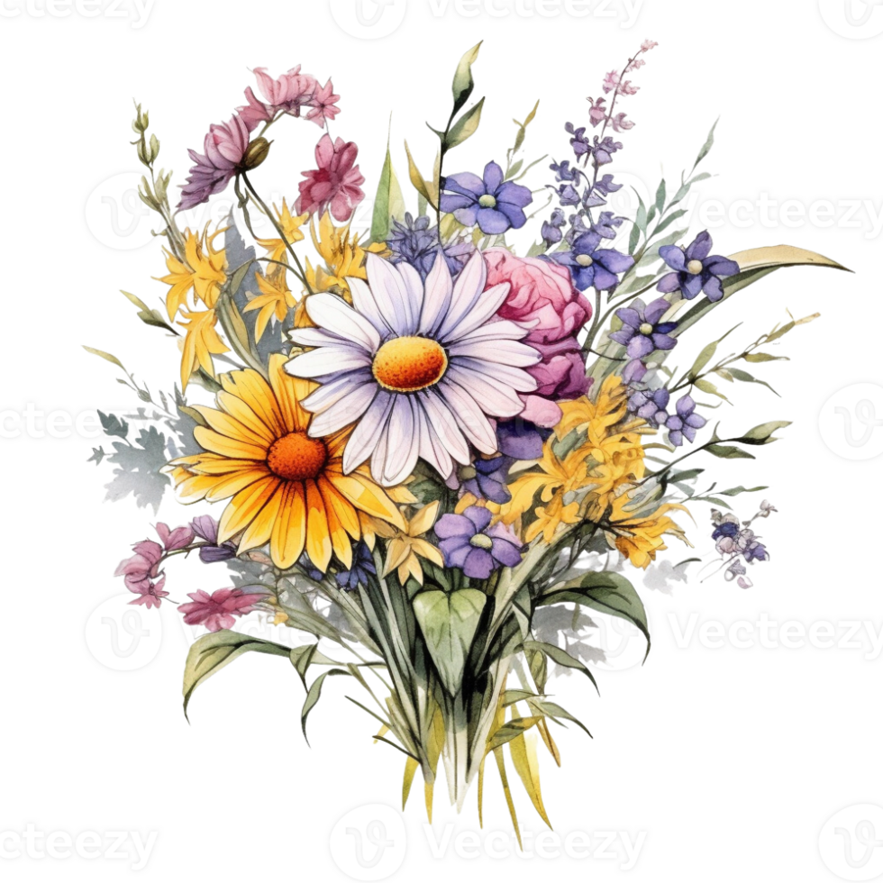 sweet watercolor wild flower bouquet, transparent background, isolated, no background, png