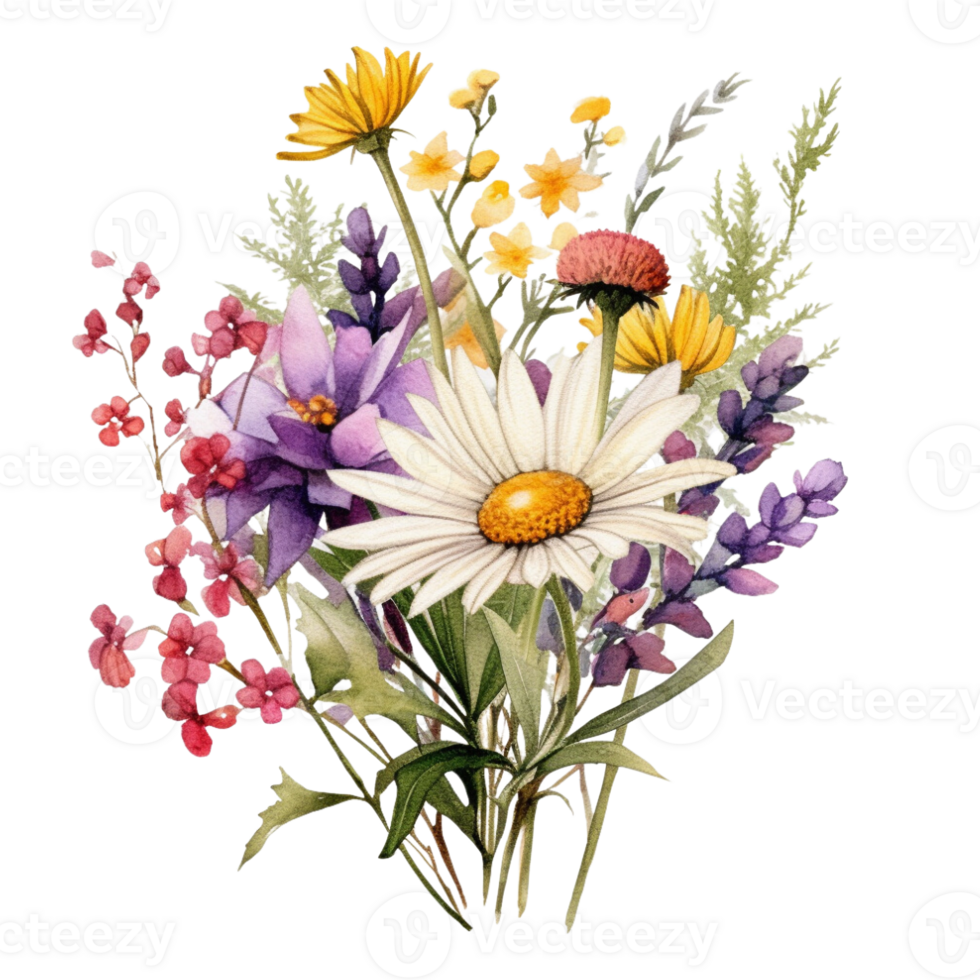 sweet watercolor wild flower bouquet, transparent background, isolated, no background, png