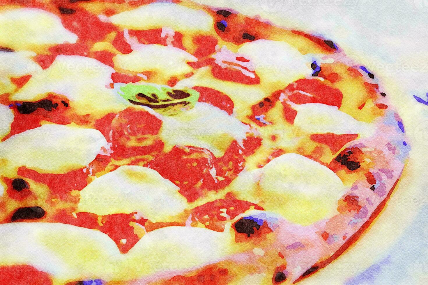 creativo ilustración en Clásico acuarela diseño - Pizza margherita con queso Mozzarella queso, albahaca y Tomates. foto