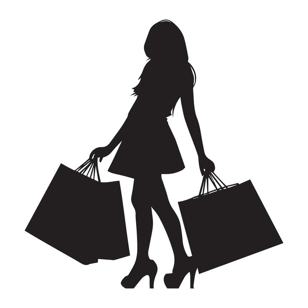 A Happy Shopping Girl With a Lot of Shopping bag vector silhouette.