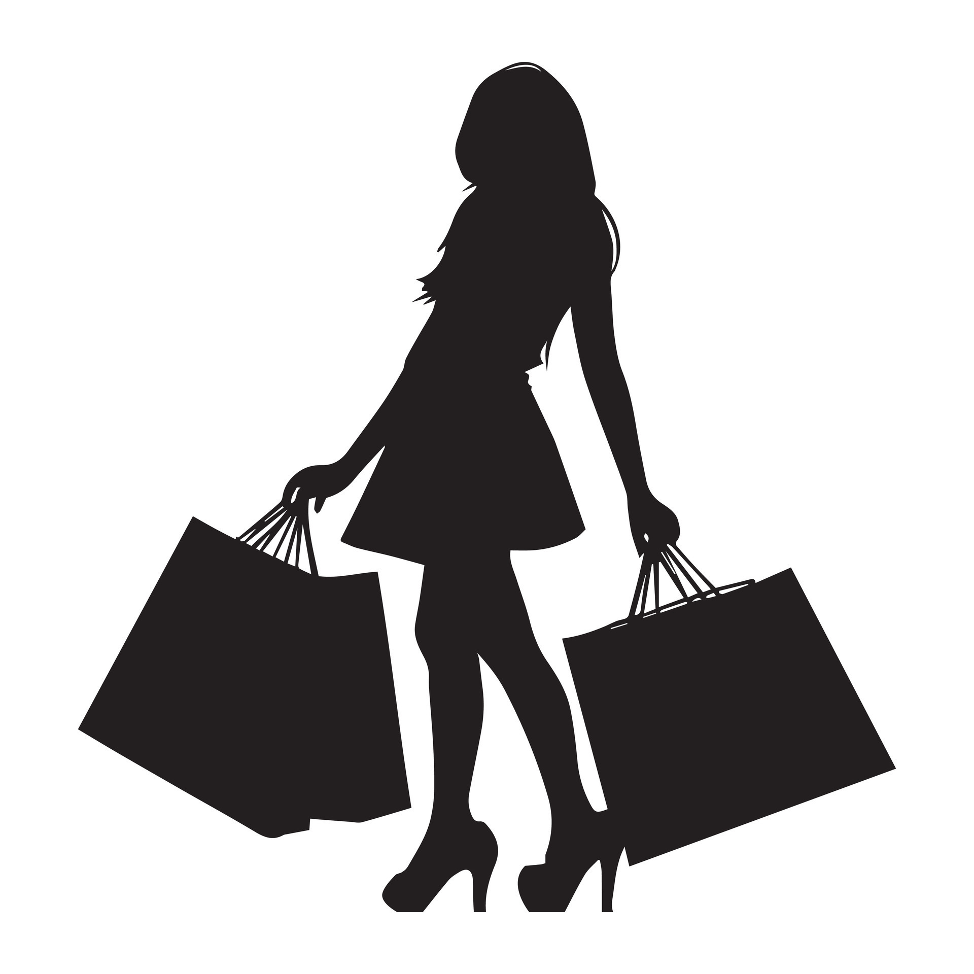 A Happy Shopping Girl With a Lot of Shopping bag vector silhouette ...