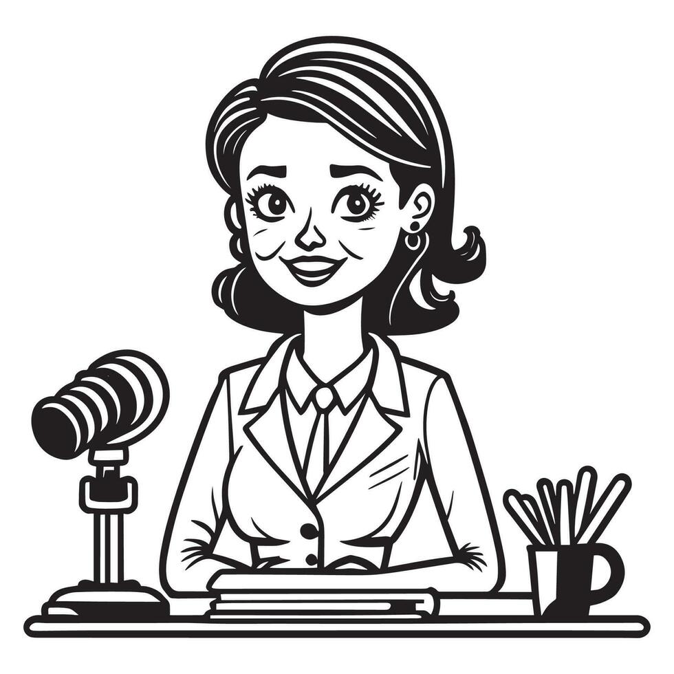 This is a Female Journalist Vector Silhouette, Journalist Vector Line art Black and white.