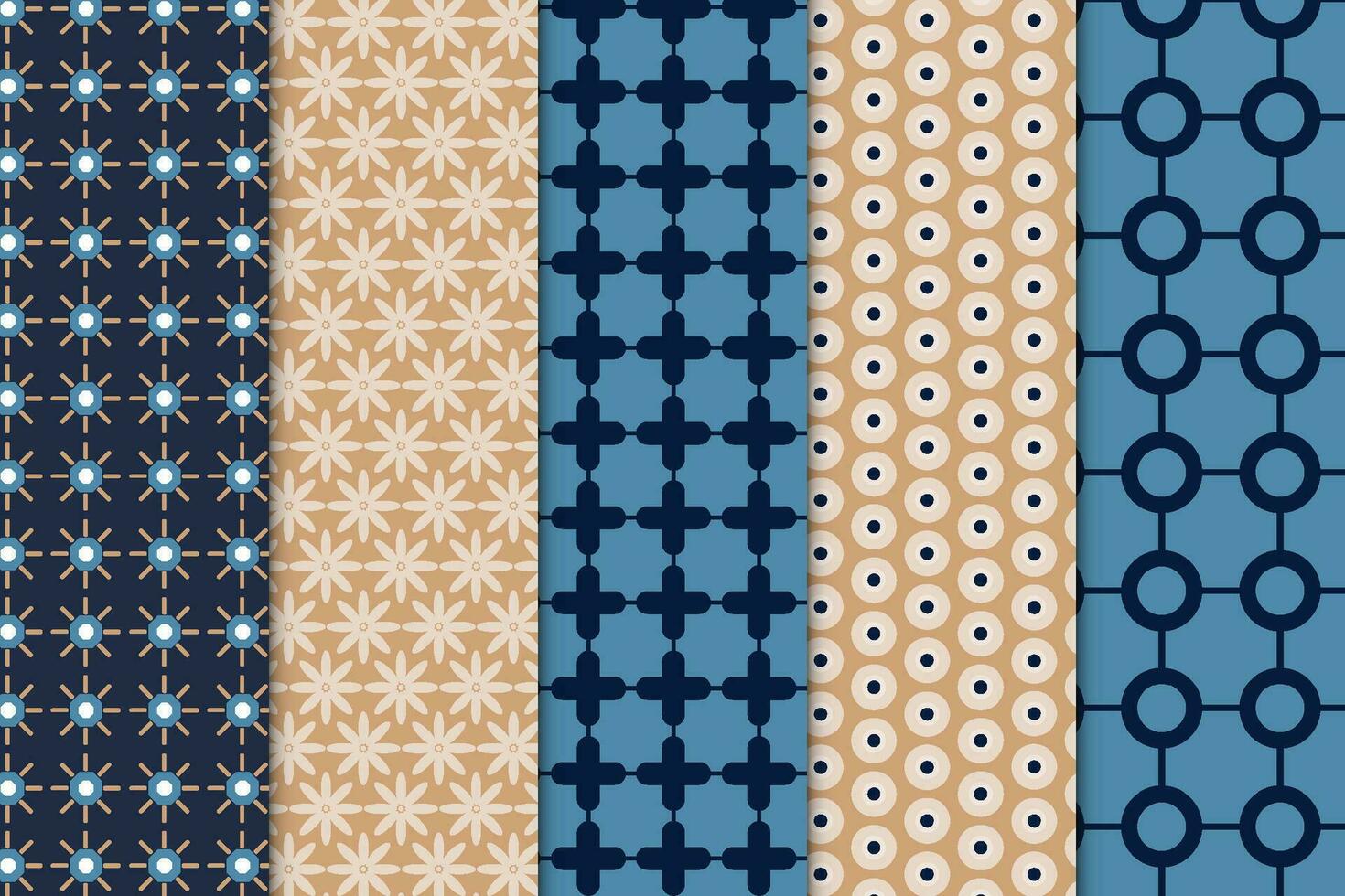 Seamless geometric pattern set decoration on dark and blue backgrounds. Modern fabric pattern design with simple strips and flower shapes. Endless pattern collection for backgrounds and book covers. vector