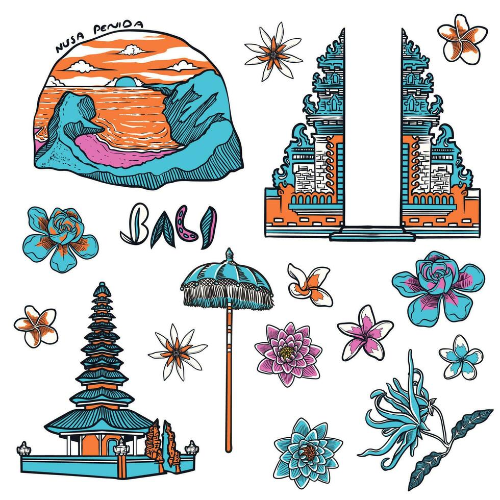 illustration of flower and balinese temple from bali indonesia island elements vector