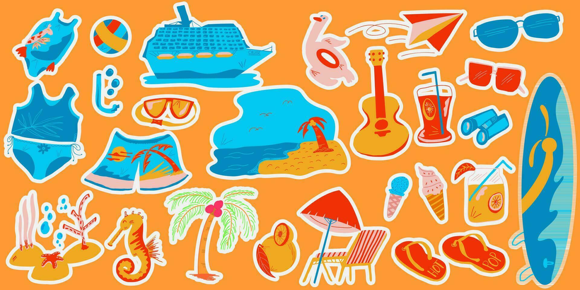 hand drawn vector illustration summer themed labels, logos, and tags, perfect for your vacation, beach, and sun inspired projects. Tropical vibes and fun elements enhance your designs