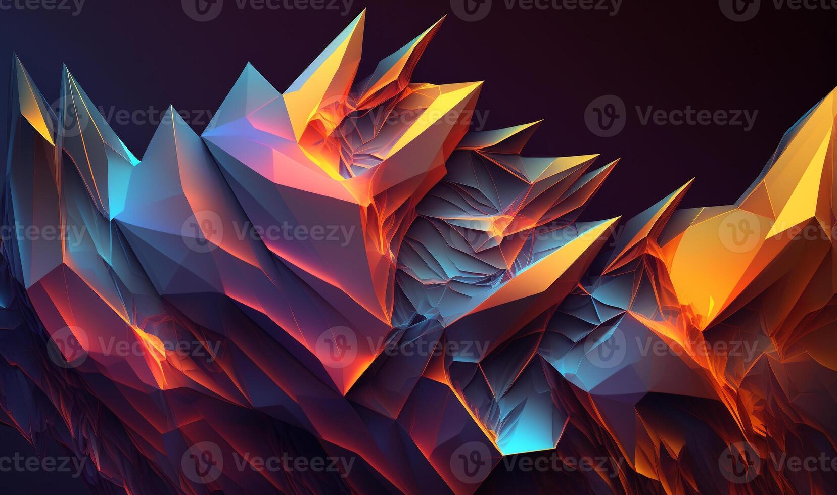 Polygonal colorful crystals in fiery neon gradient background. Geometric cyber debris with 3d digital design and futuristic fissures. Solidified crystalline lava with glowing highlights photo