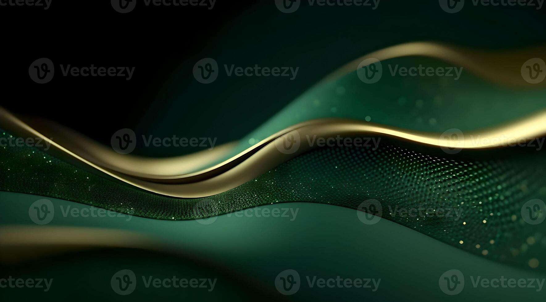 Abstract 3D luxury green color wave lines with shiny golden curved line decoration and glitter lighting on gradient dark background , photo