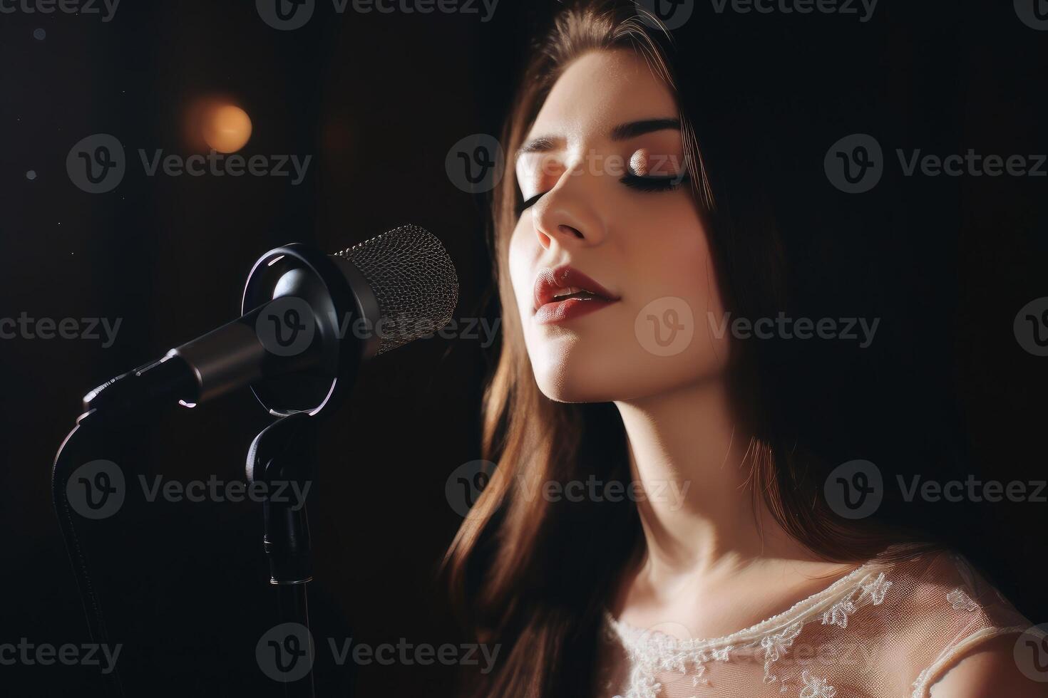 A female singer with a microphone created with technology. photo