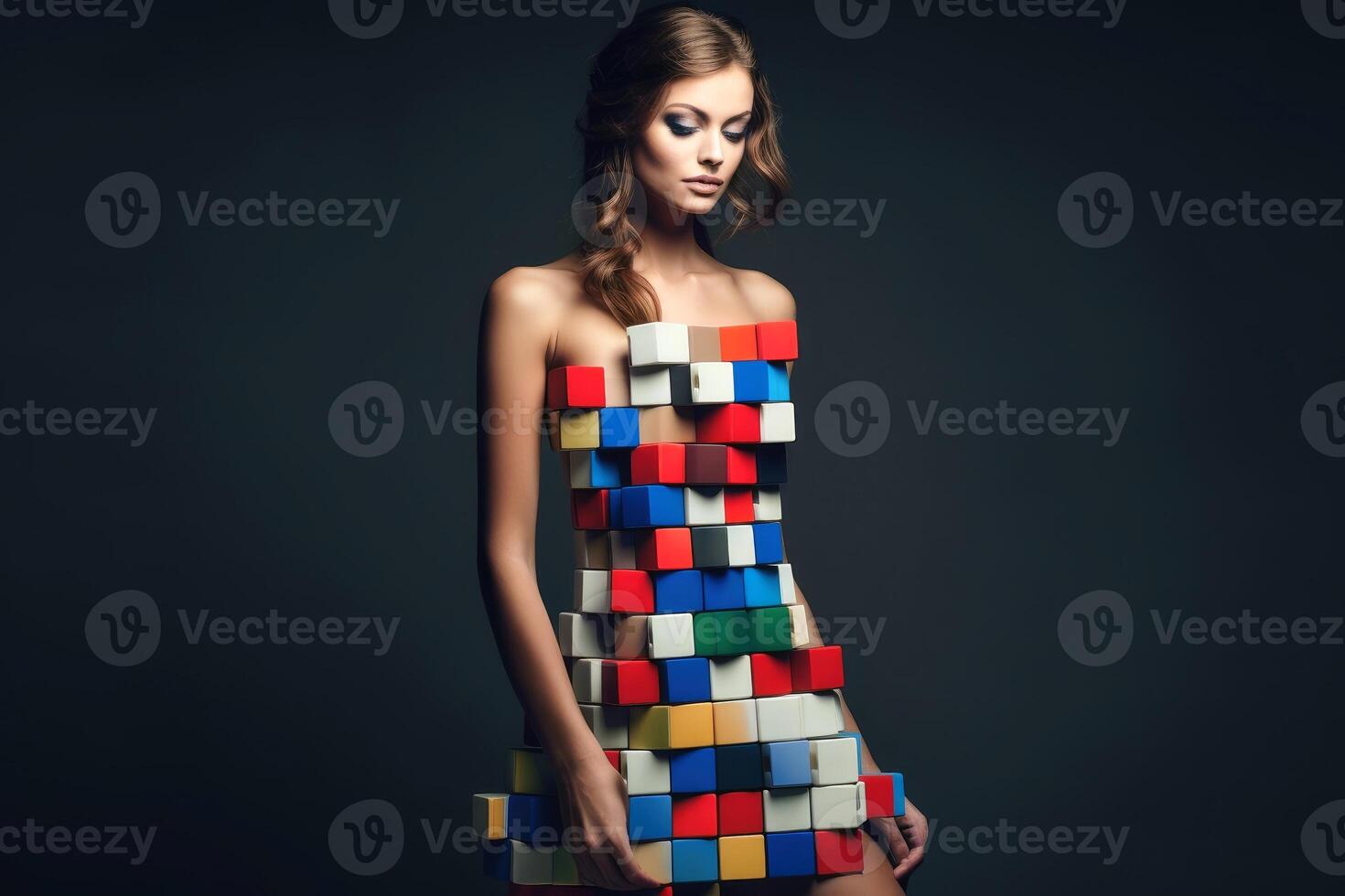 A women wearing a dress in cube style surrealism created with technology. photo