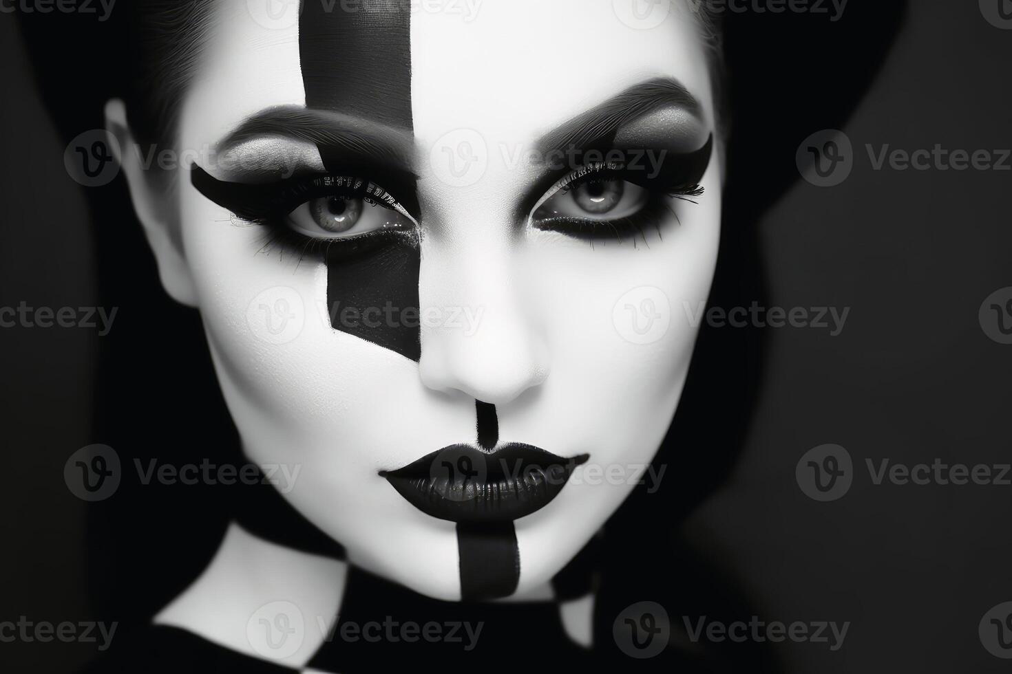 Portrait of a woman with a black and white makeup separating the face created with technology. photo