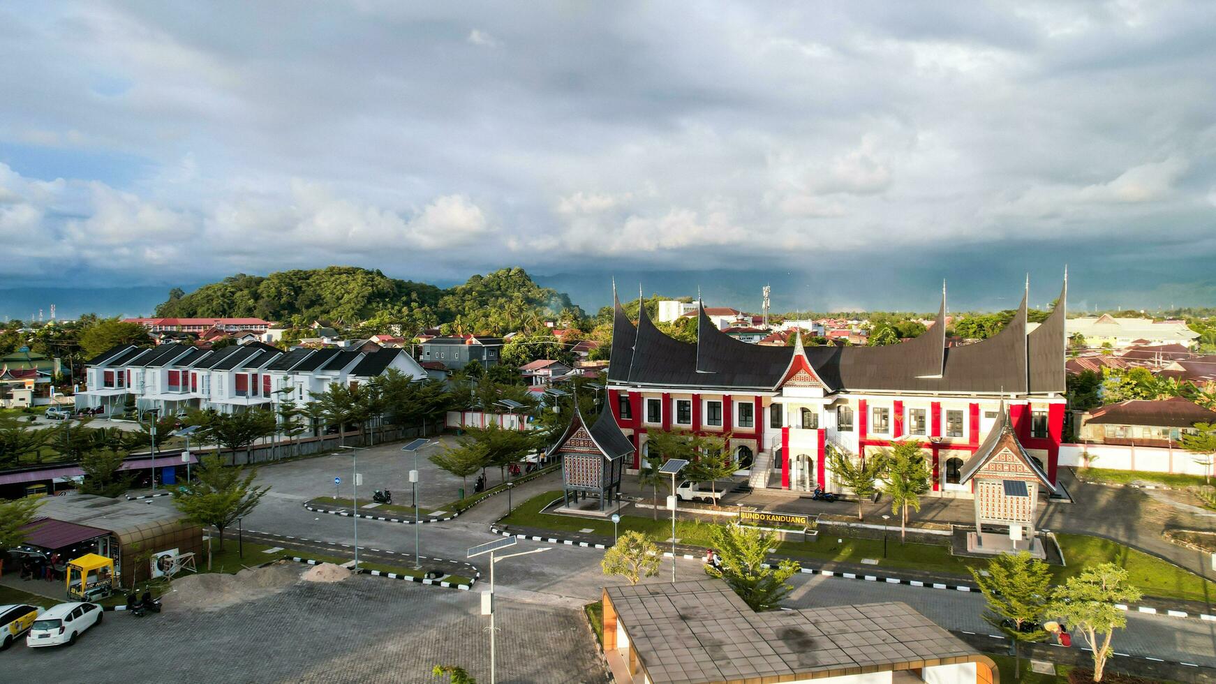 Aerial view of Rumah Gadang, Minangkabau Traditional House in padang, West Sumatra Indonesia. Padang, Indonesia, January 29, 2023 photo