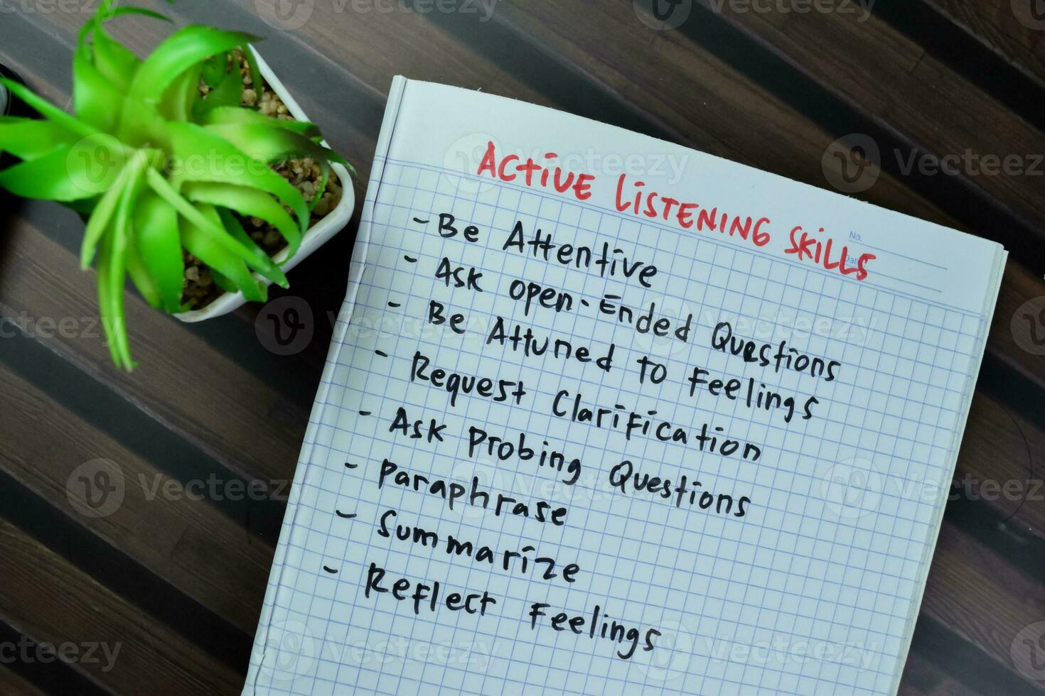 Concept of Active Listening Skills write on book with keywords isolated on Wooden Table. photo