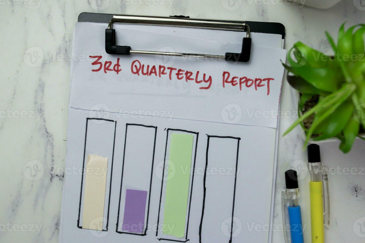 Concept of 3rd Quarterly Report write on paperwork and bar graph isolated on Wooden Table. photo