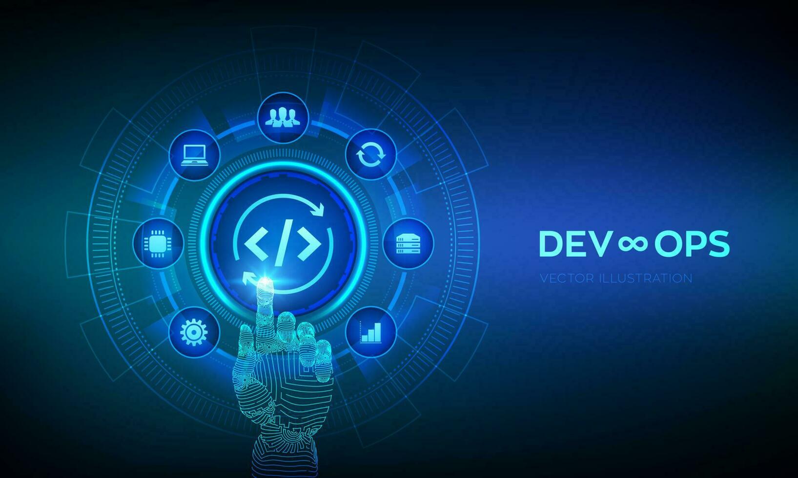 Devops. Agile development and optimisation concept on virtual screen. Software engineering. Software development practices methodology. Robotic hand touching digital interface. Vector illustration.