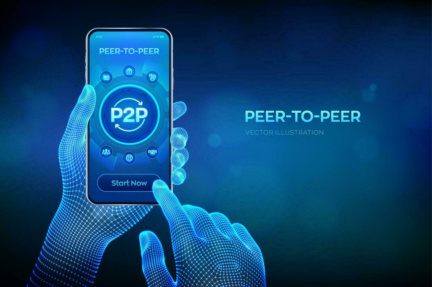 Peer to peer. P2P payment and online model for support or transfer money. Peer-To-Peer technology concept on mobile phone screen. Closeup smartphone in wireframe hands. Vector illustration.