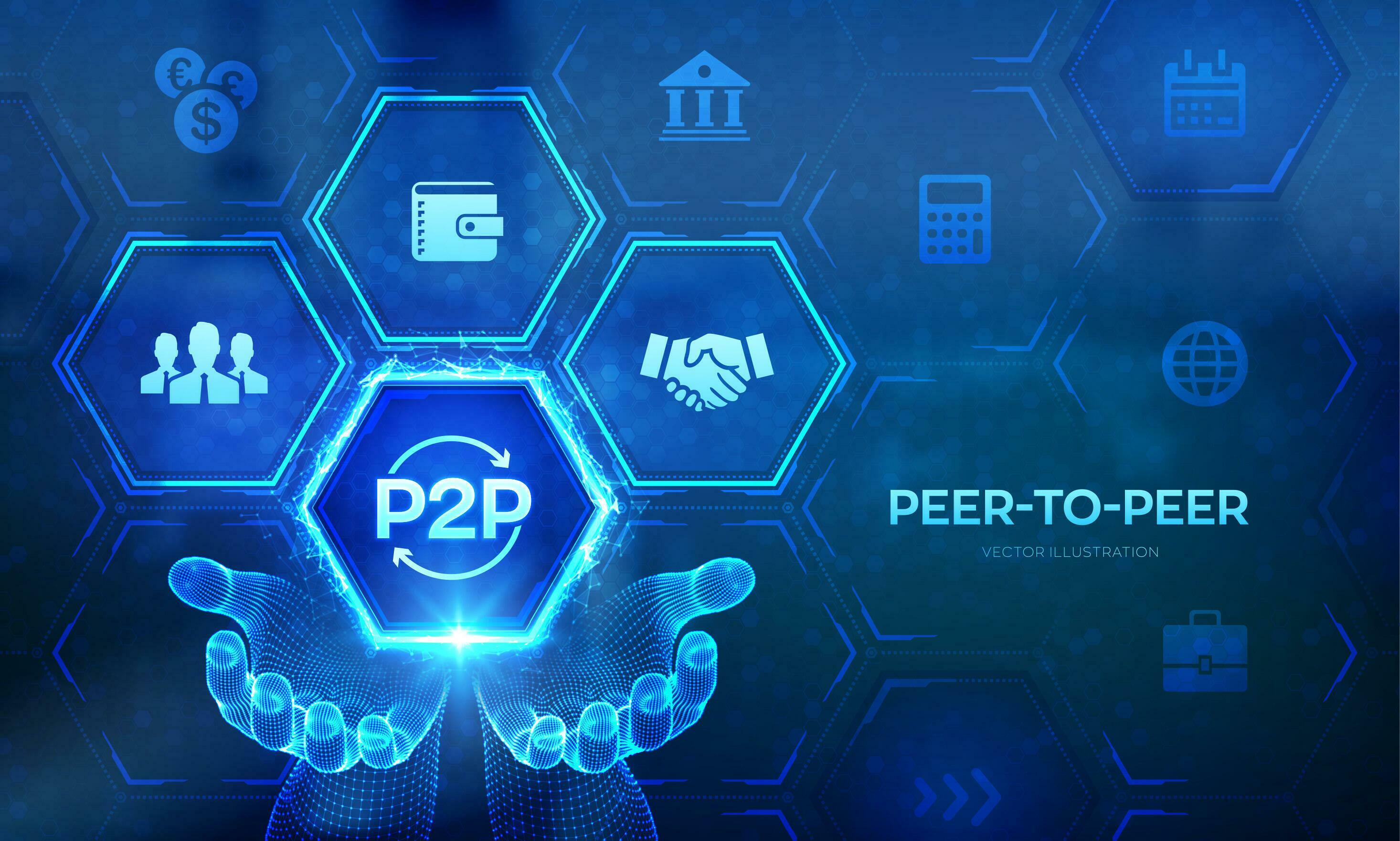 Peer to peer logo in wireframe hands. P2P payment and online model for