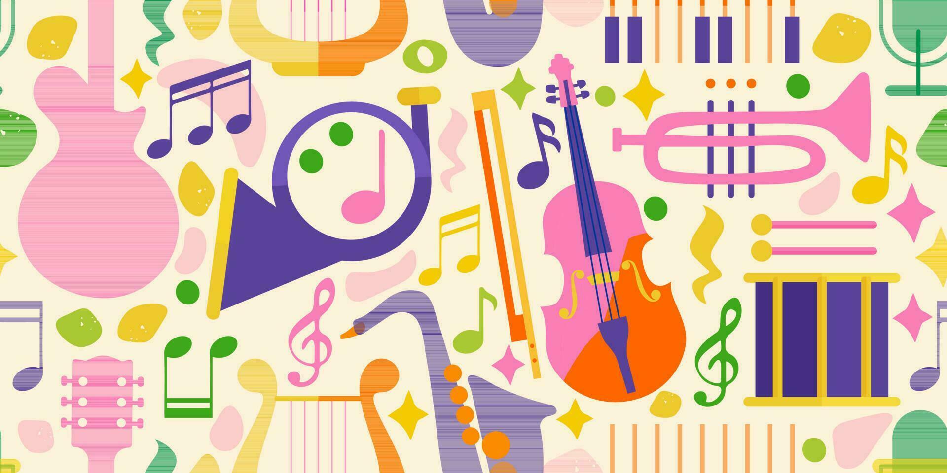 Seamless pattern for music festival. Bright background design with musical instruments. The pattern immerses you in summer, the atmosphere of holidays and music. vector