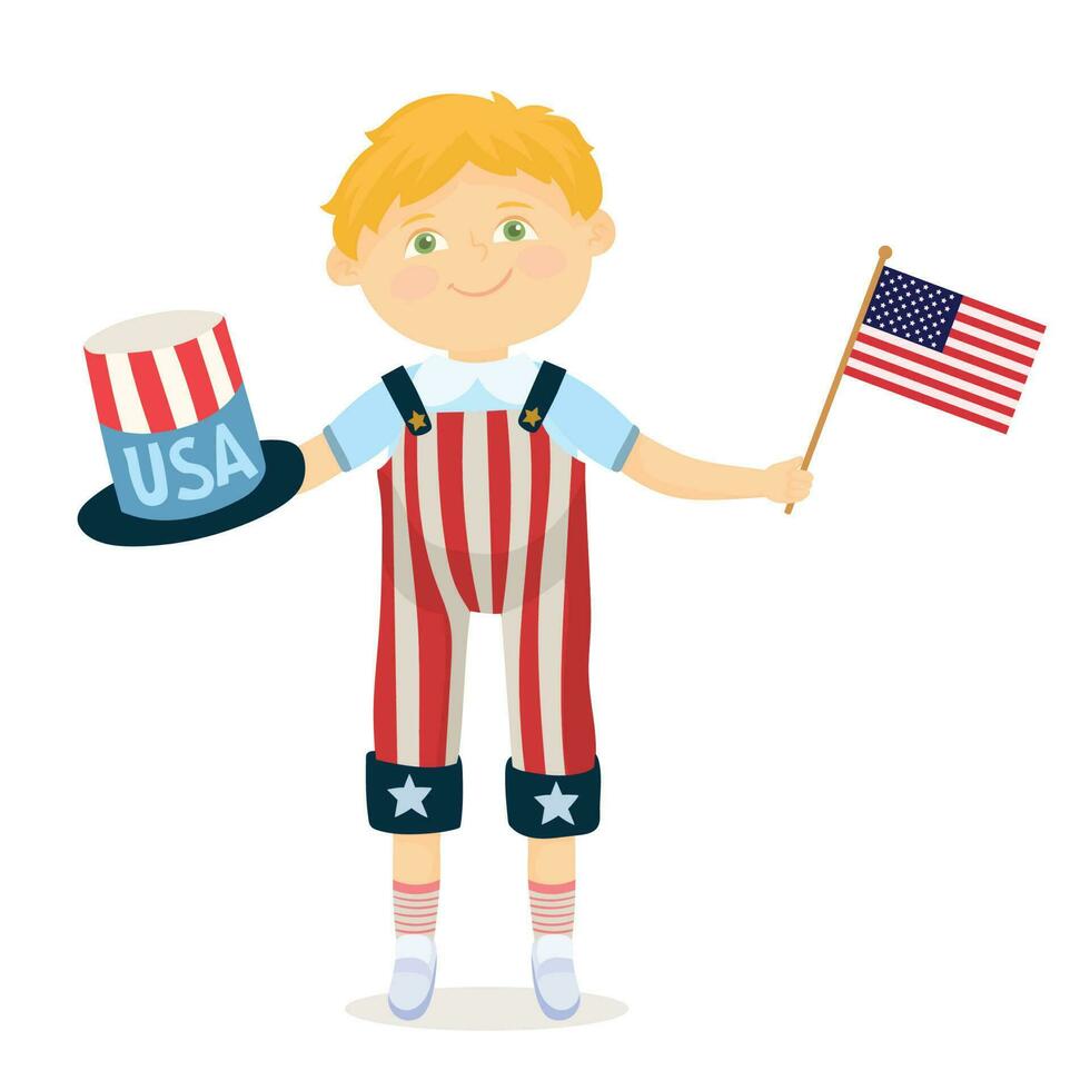 Boy with Hat and USA Flag. Independence day USA. vector