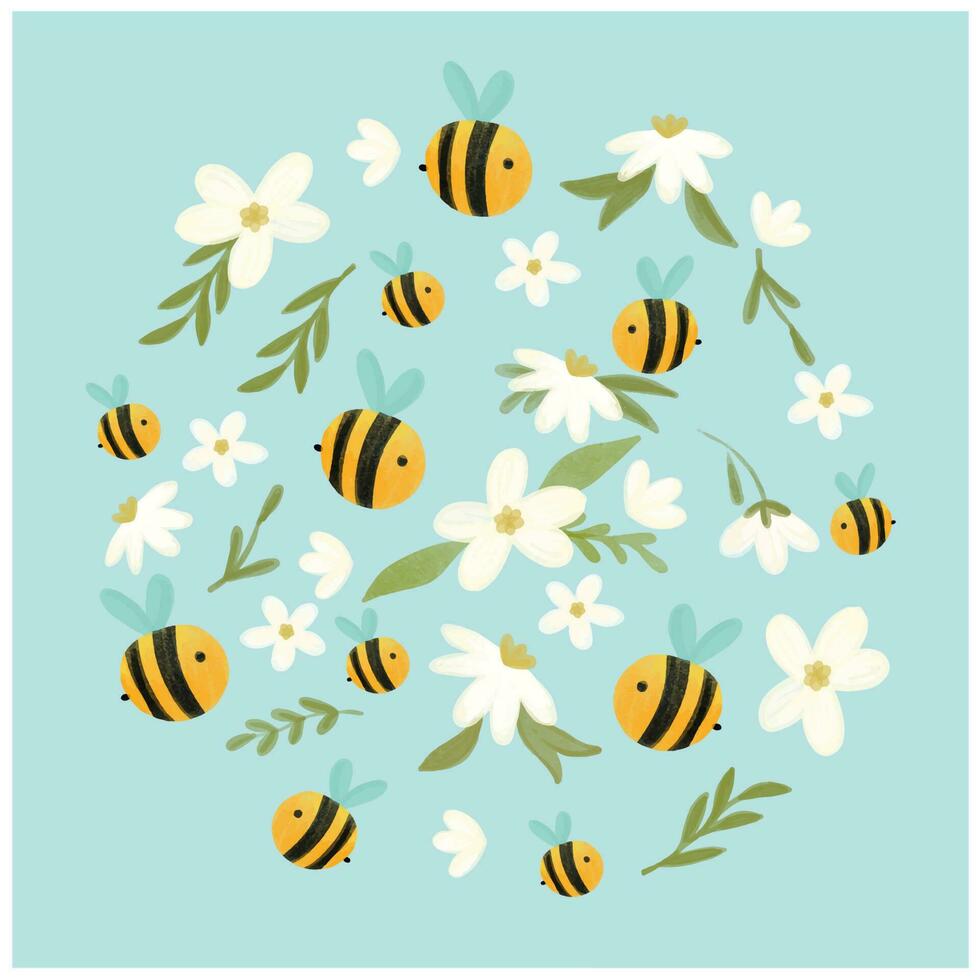 Pattern with daisy flower and bee cartoons on blue background vector