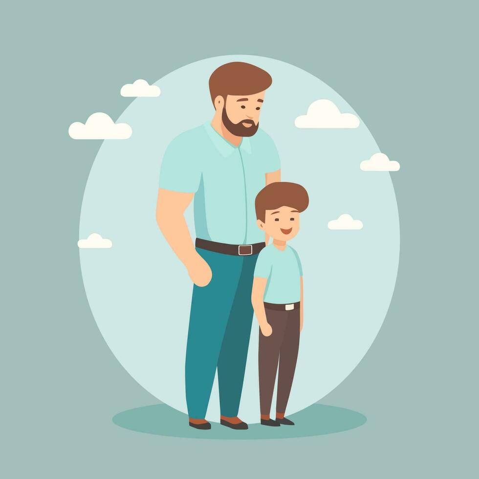 Father's day flat design, Dad standing behind son illustration isolated from background vector