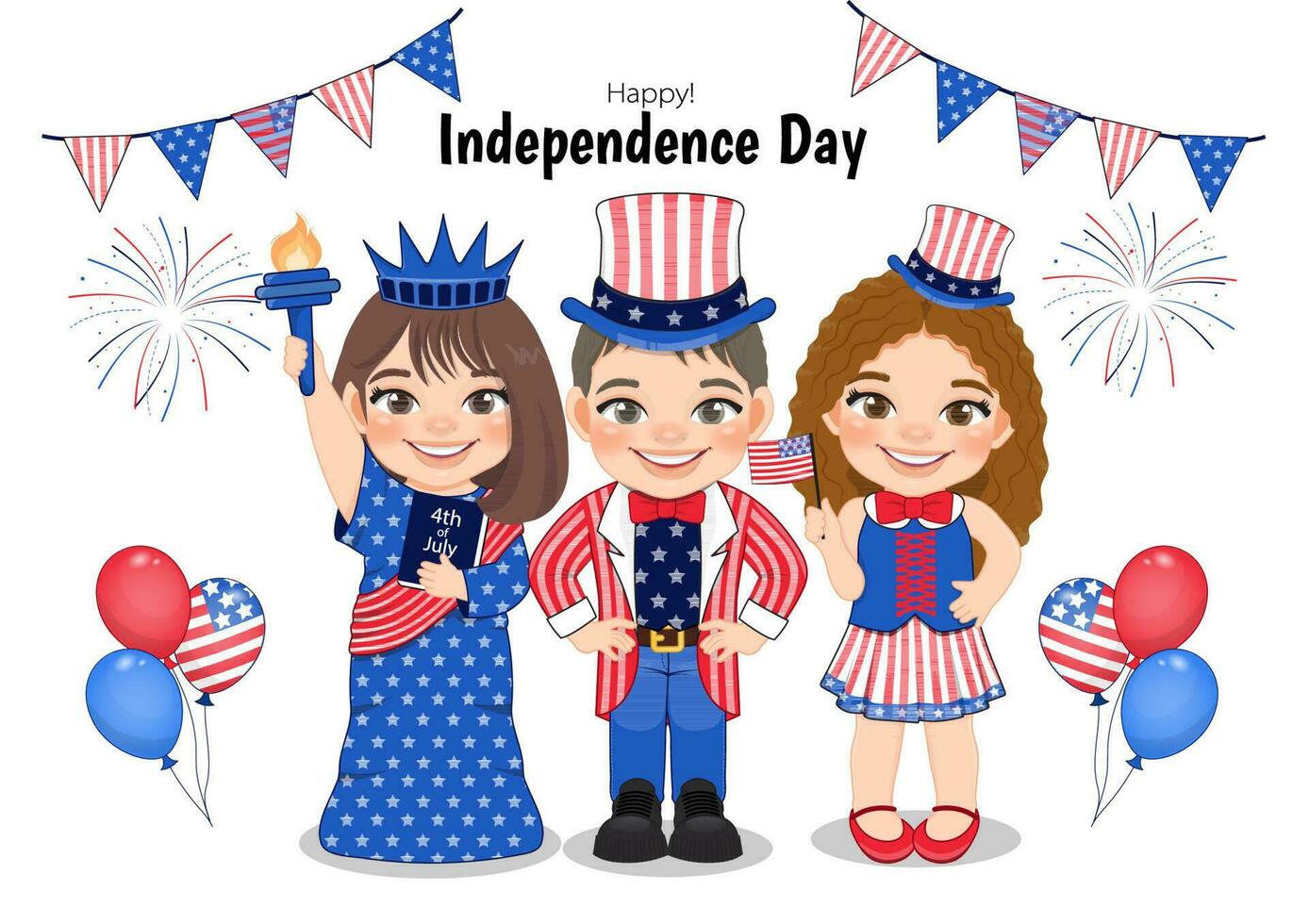 americano niños retrato celebrando 4to de julio independencia día con traje, participación banderas, vistiendo tío sam sombrero, estatua de libertad vector
