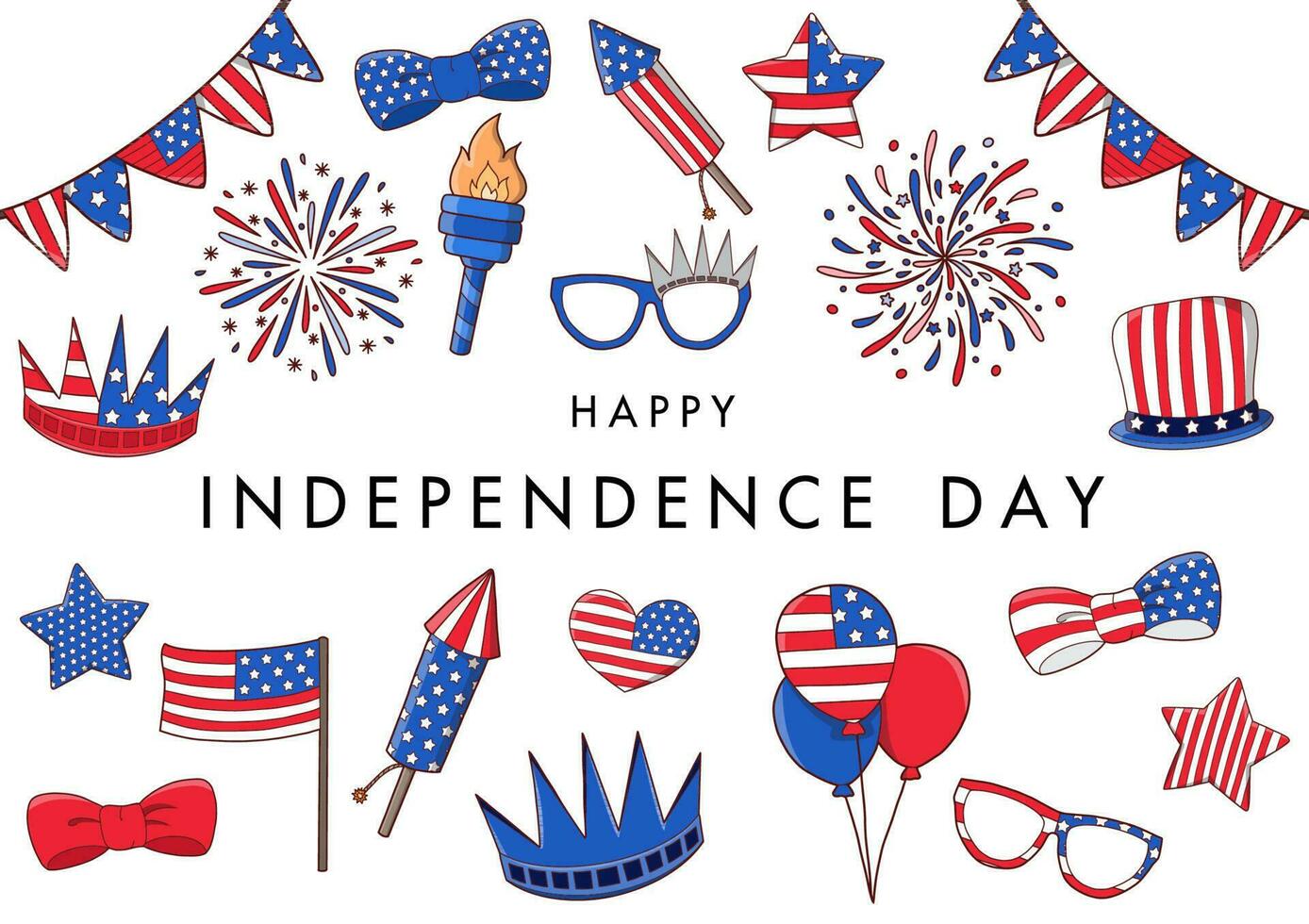 4to julio contento Estados Unidos independencia día mano dibujo vector. America nacional aislado símbolos elementos en blanco antecedentes vector