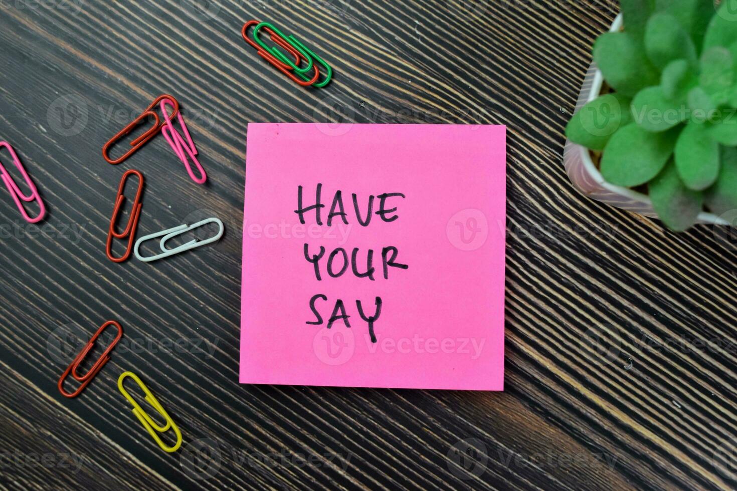 Concept of Have Your Say write on sticky notes isolated on Wooden Table. photo