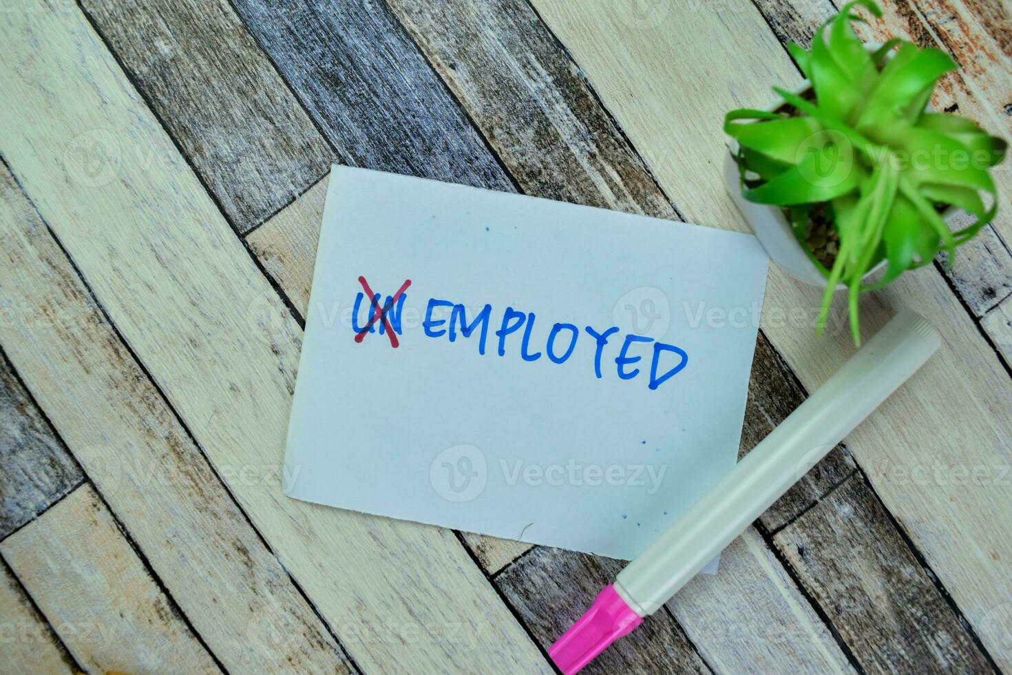 Concept of Unemployed to be Employed write on sticky notes isolated on Wooden Table. photo