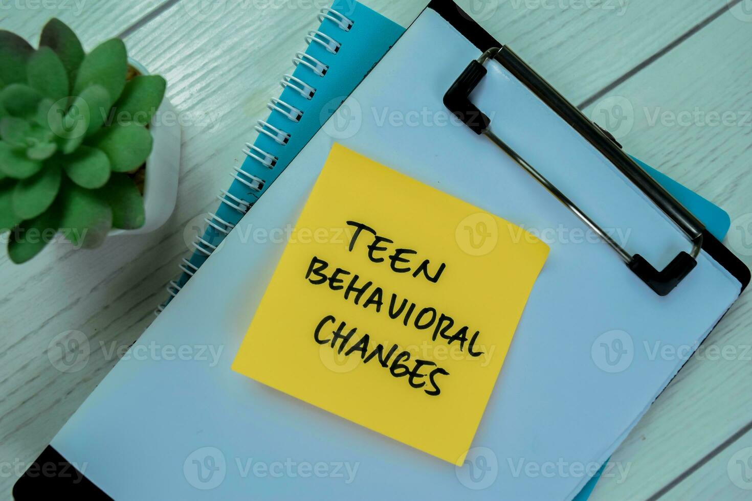 Concept of Teen Behavioral Changes write on sticky notes isolated on Wooden Table. photo