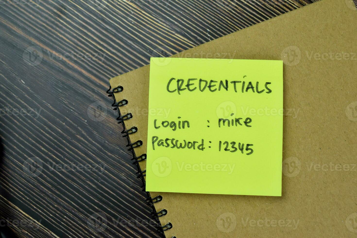 Concept of Credentials, Login and Password write on sticky notes isolated on Wooden Table. photo