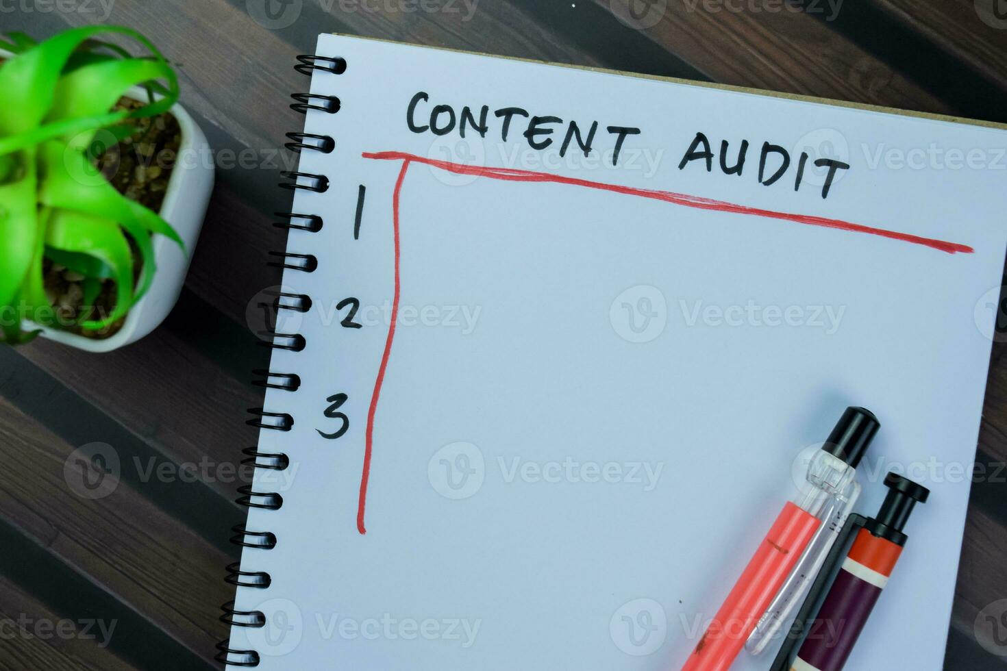 Concept of Content Audit write on book, Supported by an additional services isolated on Wooden Table. photo