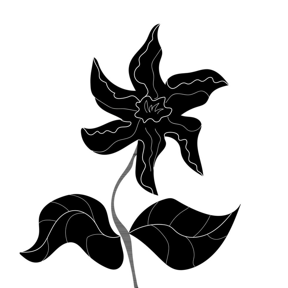 One stylized blooming flower on a stem with leaves. Black and white vector drawing, white background. Vector black and white flower logo, banner, graphic decor