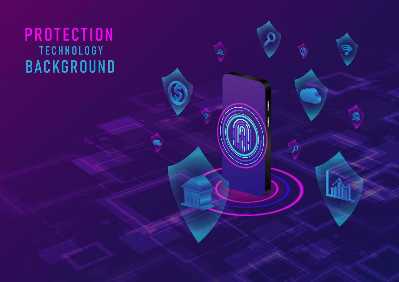 3d Abstract Technology Background Protection and security system for data access internet, banking, cloud, wifi, finance With a mobile phone screen fingerprint scanning, the circle glows below. vector